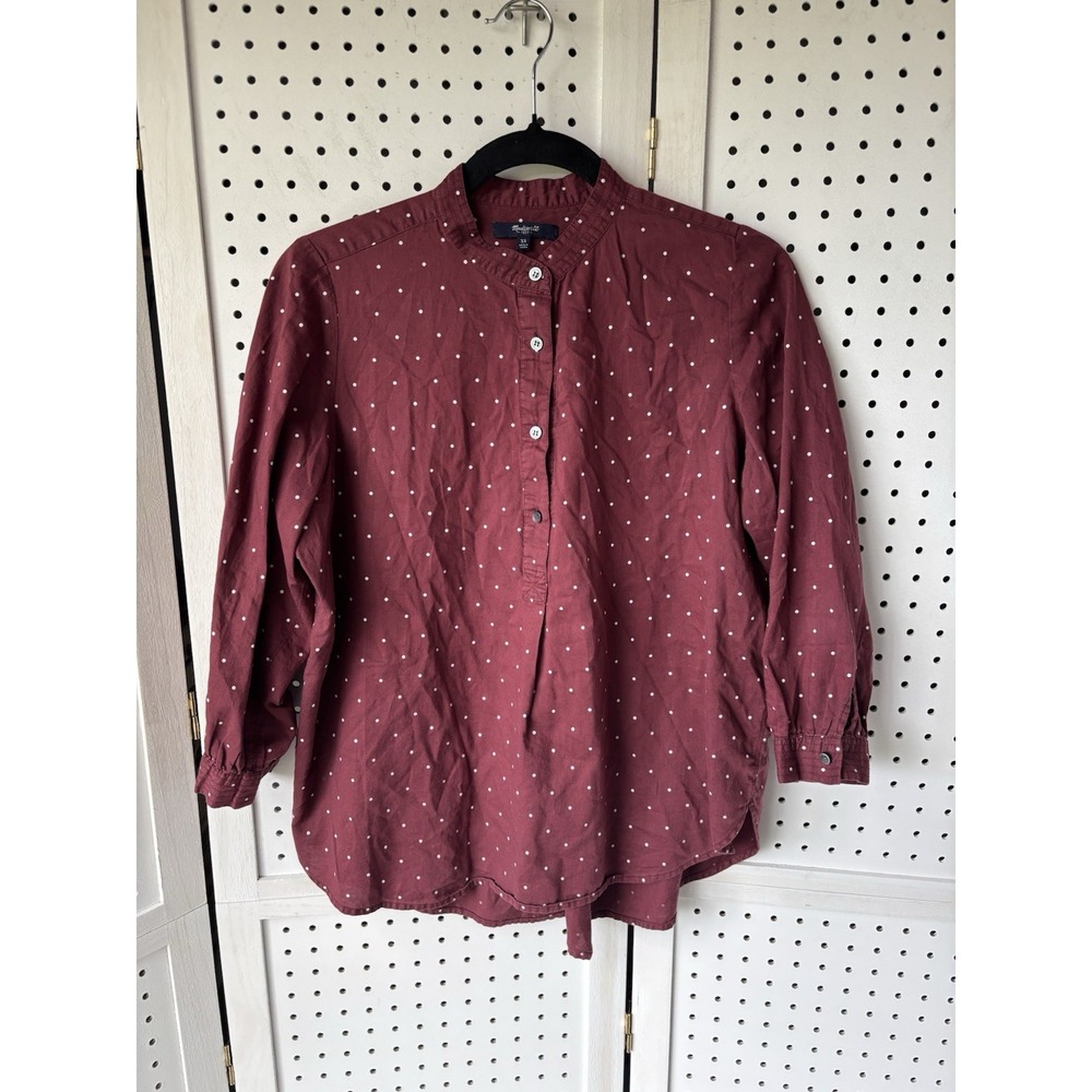 Madewell Women's XS Maroon Polka Dot 1/2 Button 3/4 SLV Popover Blouse Cotton